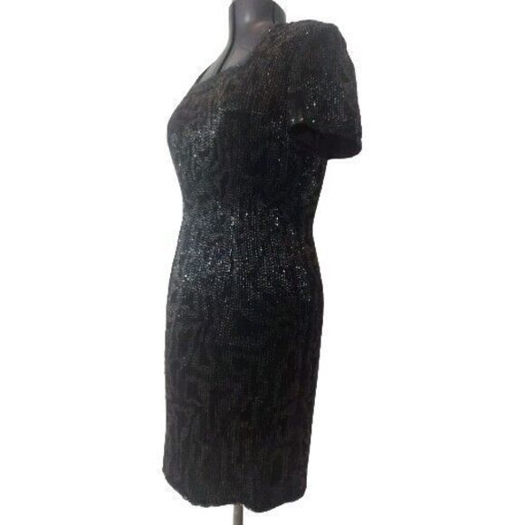 Adriana Papell Beaded Silk Square Neck Black Short Cocktail Evening Gown Size 10 - Picture 2 of 9